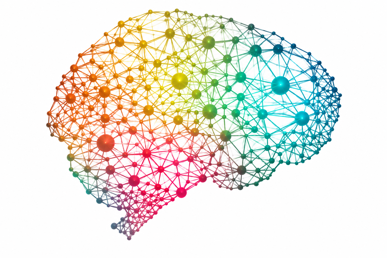 Futuristic brain-shaped neural network with orange, gold, green, teal, and magenta nodes and connections on white